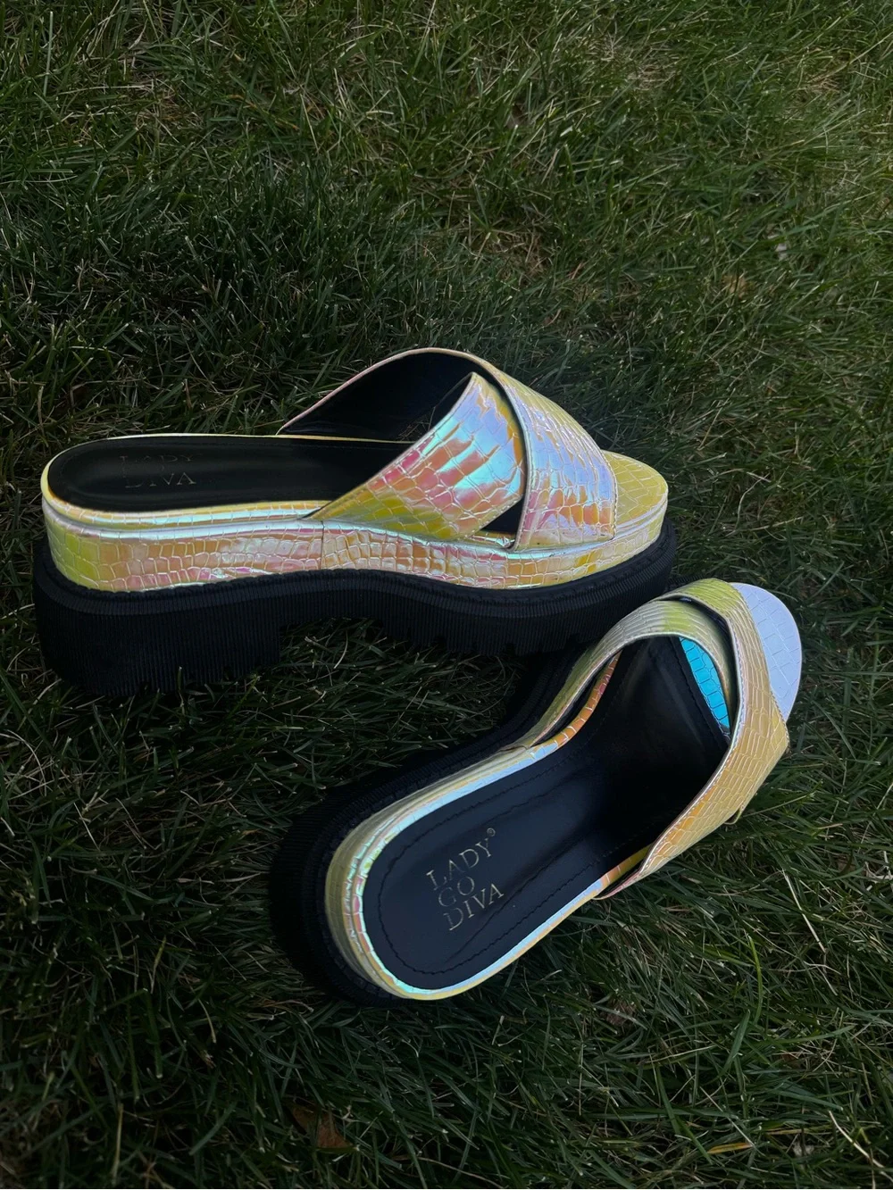Iridescent Color shifting Platform Sandals - Yellow Pink Multi